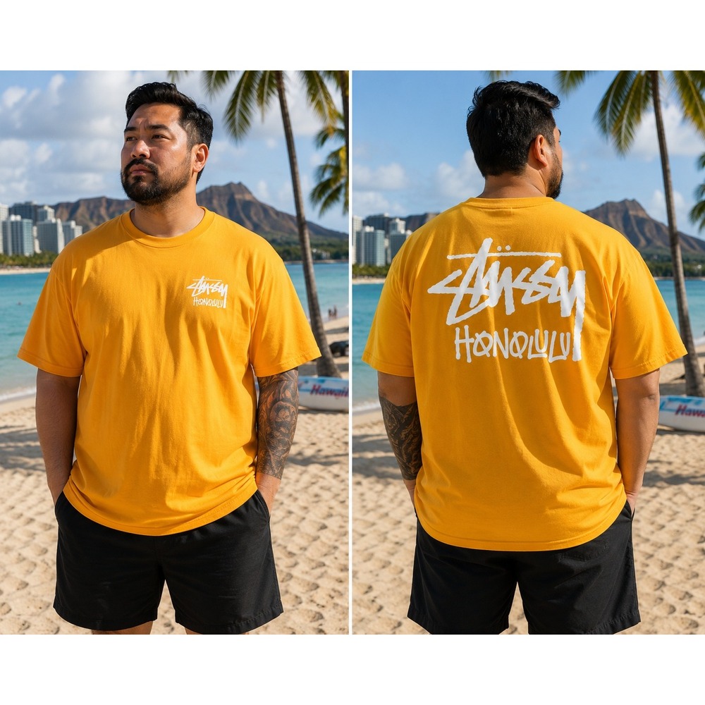 Stussy Honolulu Chapter T-Shirt Men's XXL Yellow SS Graphic Tee Cut Tag